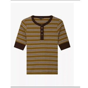SOEUR Joconde Striped Ribbed Henley Top Womens 34 XS Mustard Brown Retro Knit